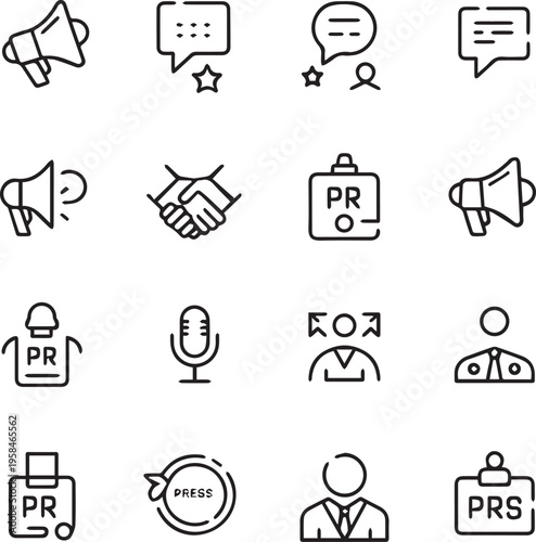  Set of Silhouette Block outline icons related to pr, public relations. Linear icon collection. Editable stroke. Vector illustration no Background