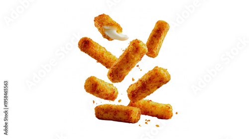 Crispy golden fried mozzarella cheese sticks falling in the air isolated on transparent background