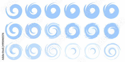 A collection of light blue swirling brushstroke shapes arranged on white
