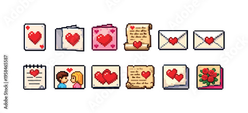 Pixel art collection of romantic symbols and messages for Valentine's Day