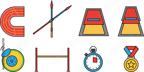 Athletics Track and Field Icon Set with Running Track Javelin Sand Pit Discus High Jump Stopwatch and Medal for Sports Competition Training Design