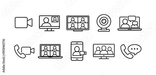 Collection of simple line icons representing video calls and communication technologies