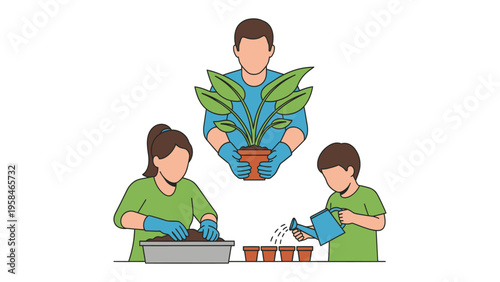 Cultivating Together: A family is seen engaging in the art of gardening, cultivating plants in their home, and fostering a sense of connection through shared nature experience.