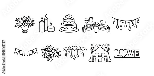 Collection of wedding and celebration icons including cake, flowers, and decor