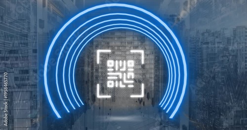 Animation of neon semi circles with qr code against office building