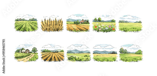 Collection of watercolor illustrations depicting diverse rural agricultural landscapes and farm scenes
