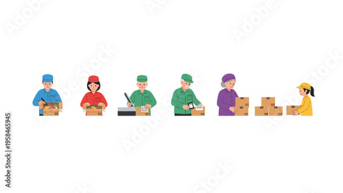 Packing Line Harmony: A team of skilled workers meticulously pack boxes on an assembly line. Each person plays a crucial role in the process of seamless logistics and distribution.