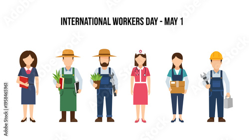 International Workers' Day illustration: A diverse group of workers, each representing different professions, stands united in celebration of International Workers' Day.
