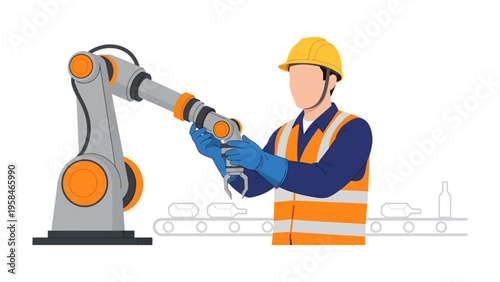 Factory Automation: A worker in protective gear interacts with a robotic arm, overseeing automated processes on a production line.