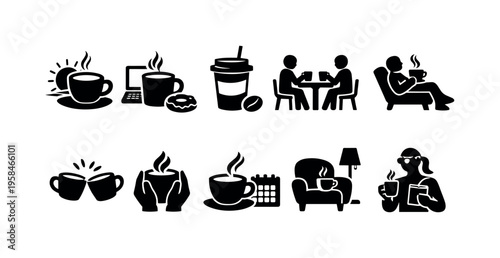 Collection of simple black and white coffee break icons and symbols
