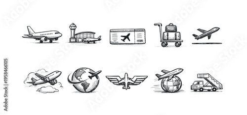 Collection of hand-drawn aviation and travel icons for your projects
