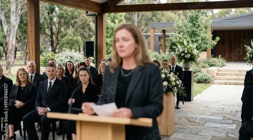A middle-aged Caucasian woman with brown hair speaks at a memorial service. Attendees in black attire listen attentively in a serene outdoor setting.
