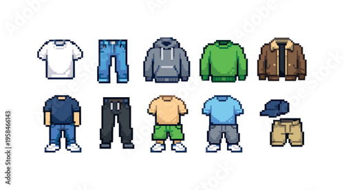Pixel art collection of casual men's clothing items and outfits