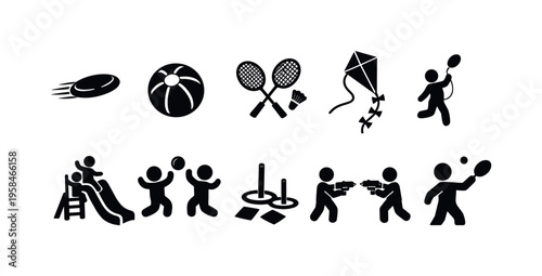 Collection of playful stick figures engaged in various outdoor and indoor activities