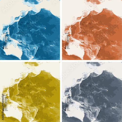 Pacific Ring Of Fire Bathymetric Ocean Depth Map - Azimuthal Equal-Area Projection - Scalable Multi-Color Seafloor Relief Topography with Depth Legend Showing Continental Shelves Mid-Ocean Ridges and