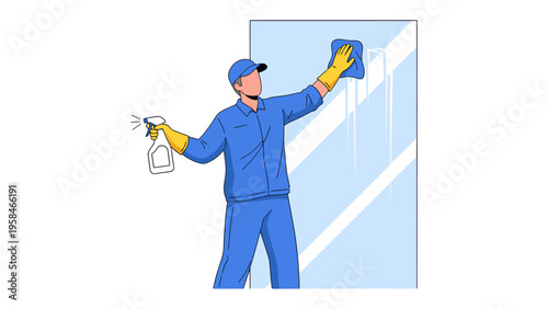 Cleaning Professional: A skilled individual meticulously cleans a large glass surface, using spray bottle and cloth to achieve pristine clarity. Focus on cleanliness and care for surfaces.