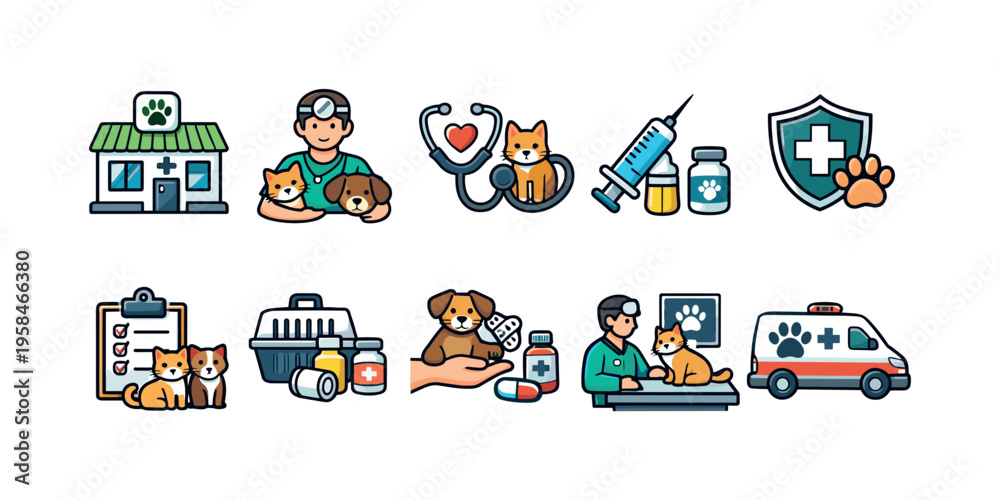Obraz premium Veterinary clinic icons showing animal care, medical treatment, and emergency services