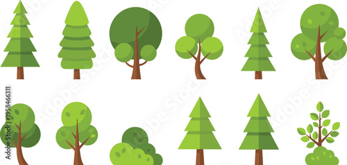 Minimalist Tree and Shrub Vector Collection Featuring Flat Design and Line Art Styles of Deciduous and Coniferous Evergreen Trees for Environment Infographics and Web Backgrounds