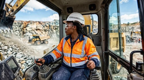 A young African woman operates heavy machinery at a construction site. She wears a hard hat and safety gear, focused on her work in a rocky environment.