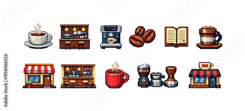 Pixel art collection of coffee shop elements and brewing equipment