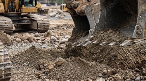Excavator bucket digging into dirt at a construction site. Heavy machinery is visible in the background, surrounded by piles of earth and gravel.