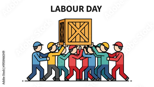 Labour Day Teamwork: A graphic representation of a united group collaboratively lifting a wooden crate, symbolizing the spirit of Labour Day, highlighting themes of hard work, solidarity.