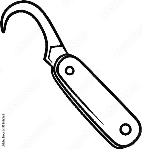 Outline drawing of a hooked knife with a curved blade and a foldable handle, featuring circular rivets