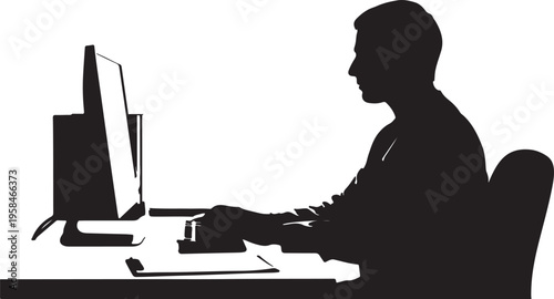 Doctor using a computer at a desk with medical charts and a lamp providing light.