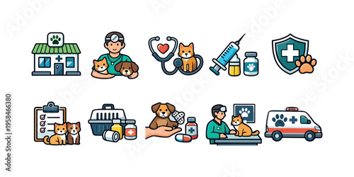 Veterinary clinic icons showing animal care, medical treatment, and emergency services