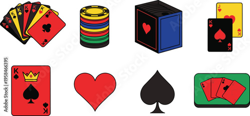 Casino and Playing Cards Icon Set with Poker Chips Deck Hearts Spades Card Game Elements for Gambling Entertainment and Casino Design Collection