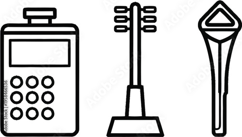 Set of three icons: calculator, keyboard with buttons, and a stylized microphone, suggesting technology