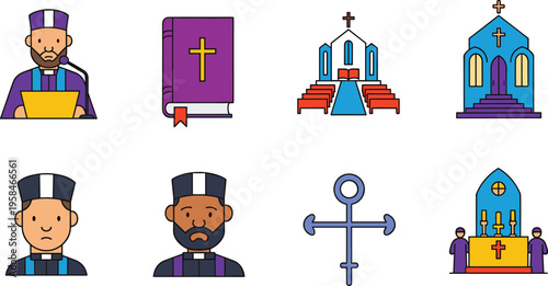 Christian Church and Religion Icon Set with Priest Bible Chapel Cross Altar and Worship Elements for Faith Spirituality and Religious Design Collection