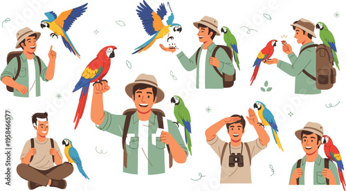 Adventure Explorer Character Set with Binoculars and Tropical Parrots for Wildlife Observation Safari Tours Nature Education and Jungle Discovery Vector Graphic Illustrations