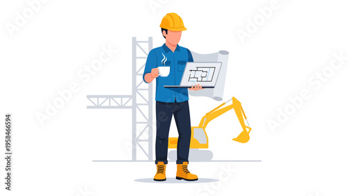 Architect at Work: An architect, clad in a safety helmet, studies a blueprint, cup in hand, against a backdrop of ongoing construction.