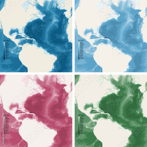 South America Bathymetric Ocean Depth Map - Azimuthal Equal-Area Projection - Scalable Multi-Color Seafloor Relief Topography with Depth Legend Showing Continental Shelves Mid-Ocean Ridges and