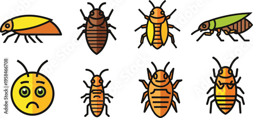 Cockroach and Insect Pest Icon Set with Different Species Cartoon Bugs Crawling and Infestation Elements for Hygiene Control and Biology Illustration Design