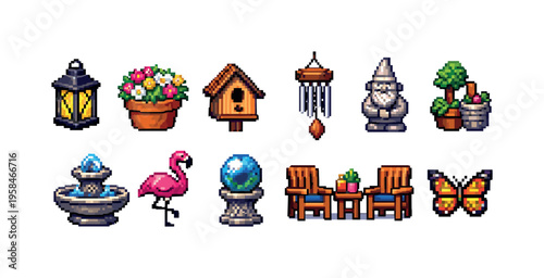 Pixel art collection of garden decorations and outdoor elements