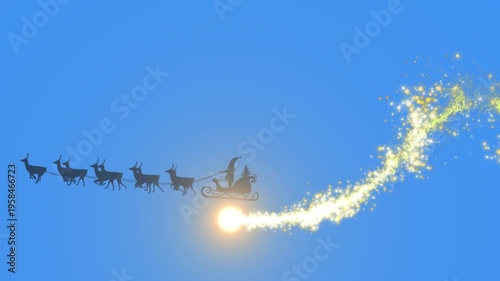 Caucasian santa claus in sleigh being pulled by reindeers against snow falling over light trails