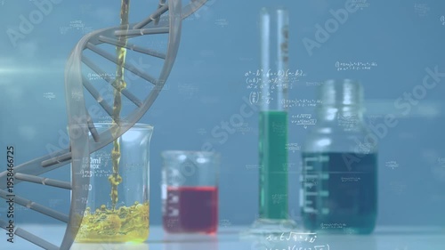 Animation of mathematical equations and dna strand over beakers