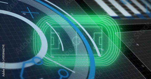 Animation of data processing over digital stadium on black background