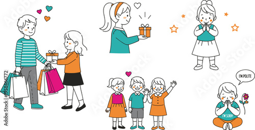 Caring People and Children Character Set Featuring Gift Giving, Shopping, and Happy Family Moments for Holiday Greeting Cards, Social Media Posts, and Lifestyle Blog Illustrations