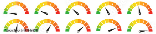 Various speedometers and gauges with color indicators on white background