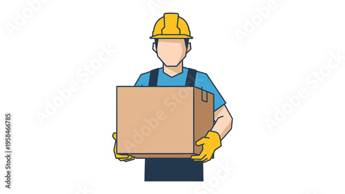 Box Delivery Illustration: An illustrated construction worker diligently carries a brown cardboard box, exemplifying the core of the moving industry, and logistics.