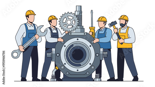 Engineering Teamwork: A skilled team of engineers collaboratively repairs a massive industrial machine, demonstrating expertise and teamwork in a high-tech environment.