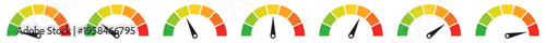 Various speedometers and gauges with color indicators on white background
