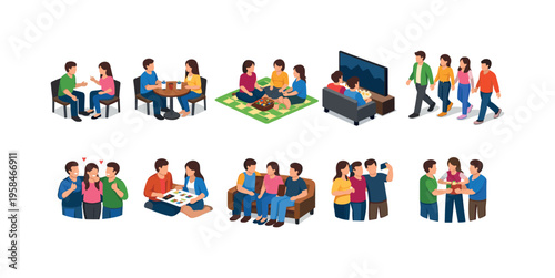 Diverse groups of people enjoying various leisure activities together in isometric style