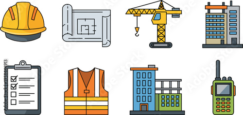 Construction and Engineering Icon Set with Helmet Blueprint Crane Buildings Safety Vest Checklist and Walkie Talkie for Industrial Project Management Design