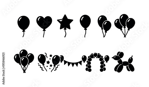 Collection of black balloon icons and party decorations on a white background