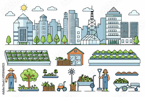 A vibrant illustration combining urban cityscape elements with rural farming scenes