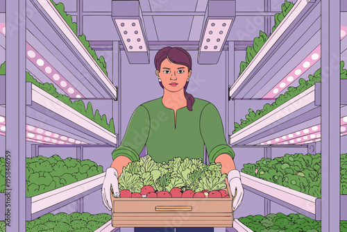 Woman tending to leafy greens inside a futuristic vertical farm